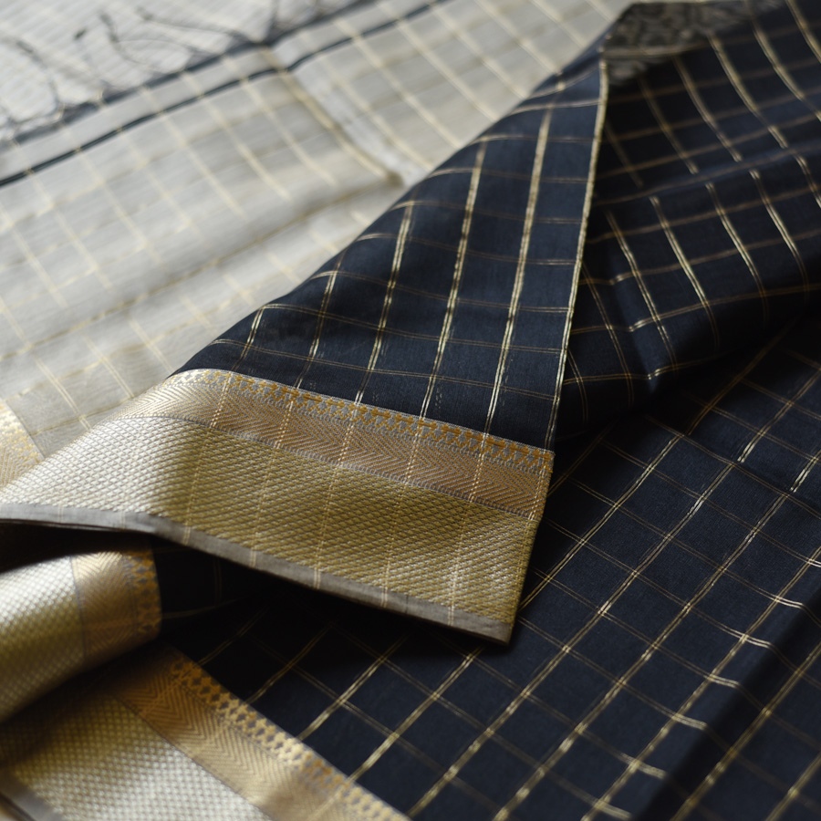 Black Maheshwari silk cotton saree dual gold silver zari border butta, Gaatha handloom
