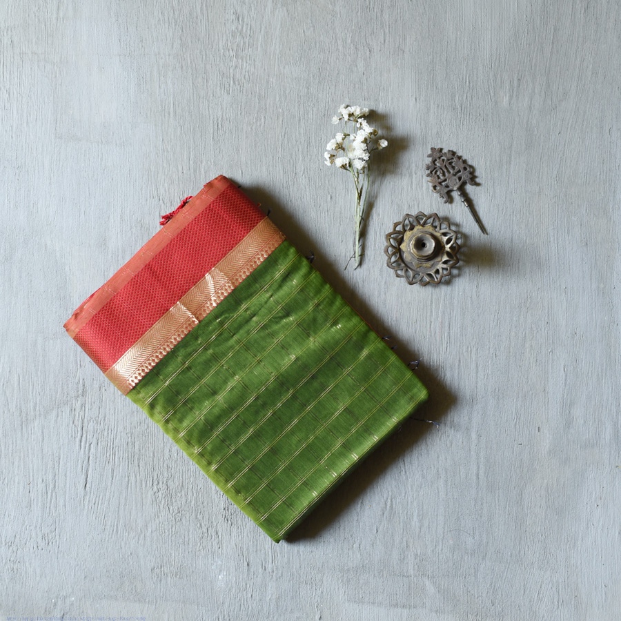 buy Handloom Maheshwari Silk Green Saree With Red Pallu