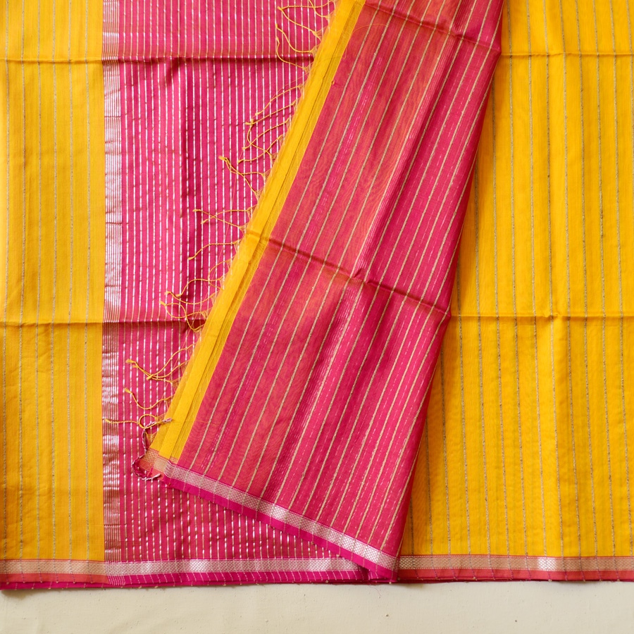 buy Zari Stripes Maheshwari Silk Saree ~ Yellow