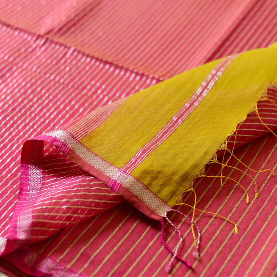 buy Zari Stripes Maheshwari Handloom Silk Saree