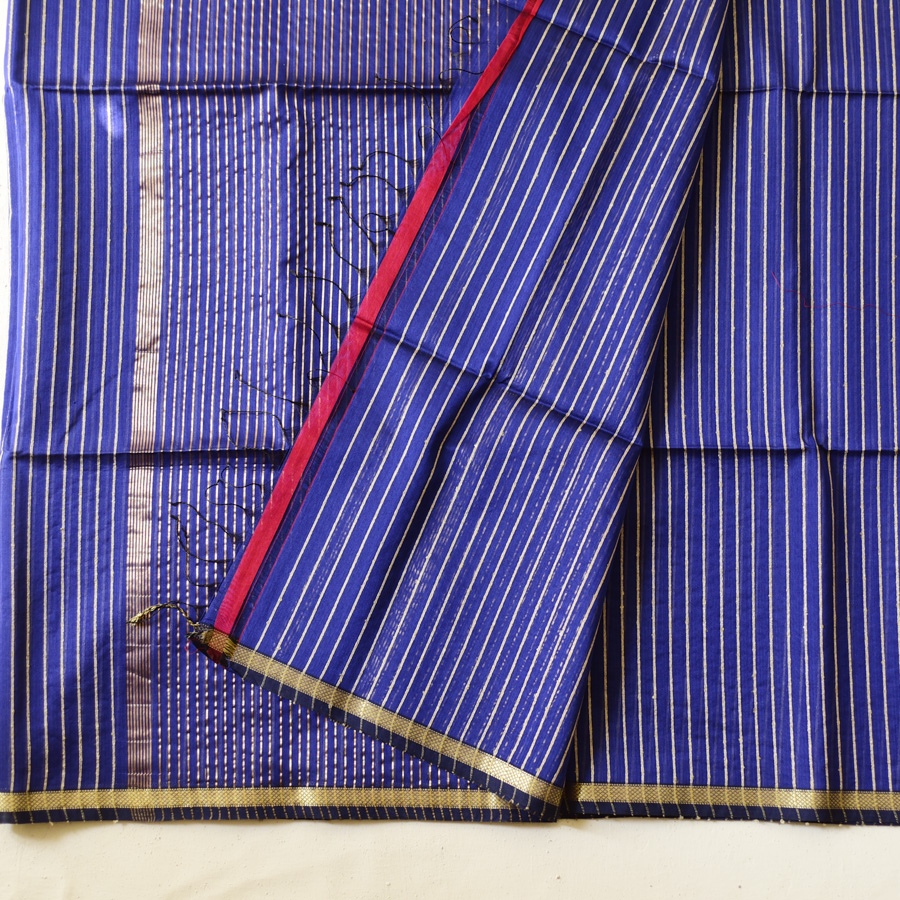 buy Zari Stripes Maheshwari Saree ~ Royal Blue