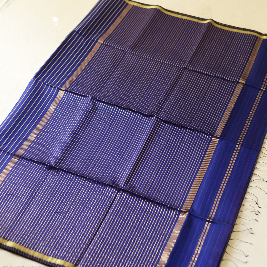 buy Zari Stripes Maheshwari Saree ~ Royal Blue