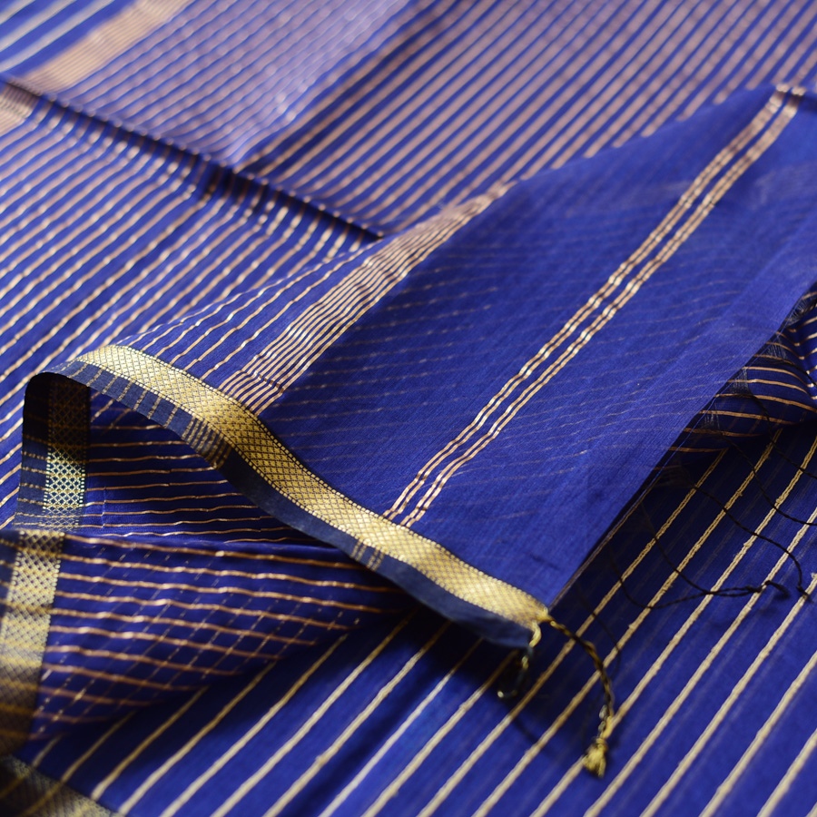 buy Zari Stripes Maheshwari Saree ~ Royal Blue