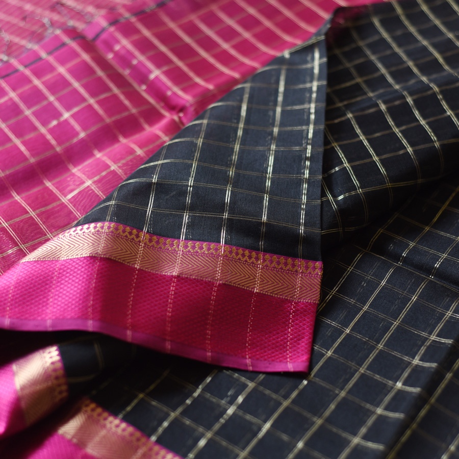 buy Handloom Maheshwari Silk Black Zari Checks Saree