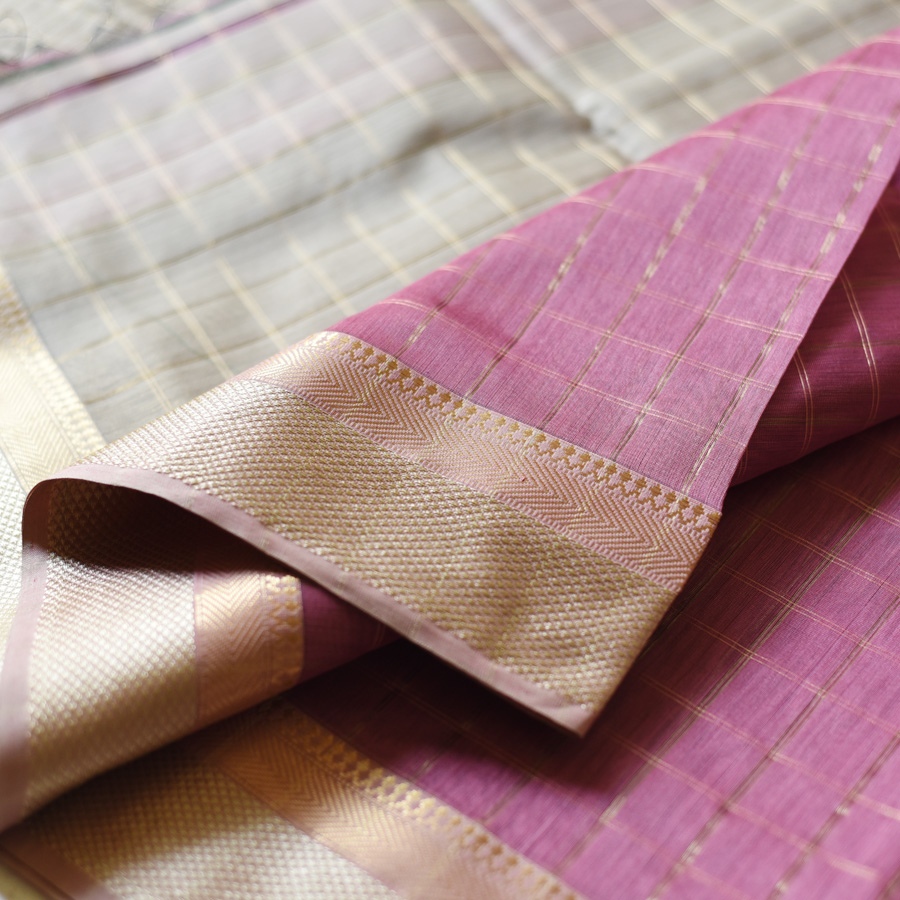 buy Handloom Maheshwari Silk Checks Saree ~ Mauve Pink