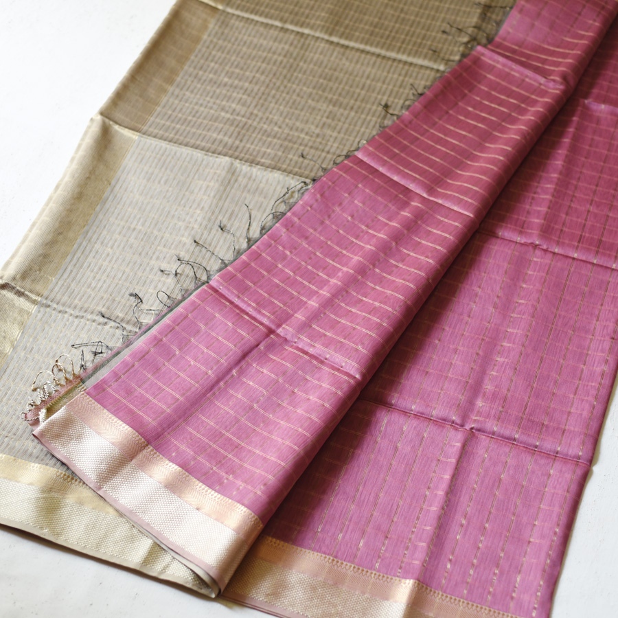 buy Handloom Maheshwari Silk Checks Saree ~ Mauve Pink