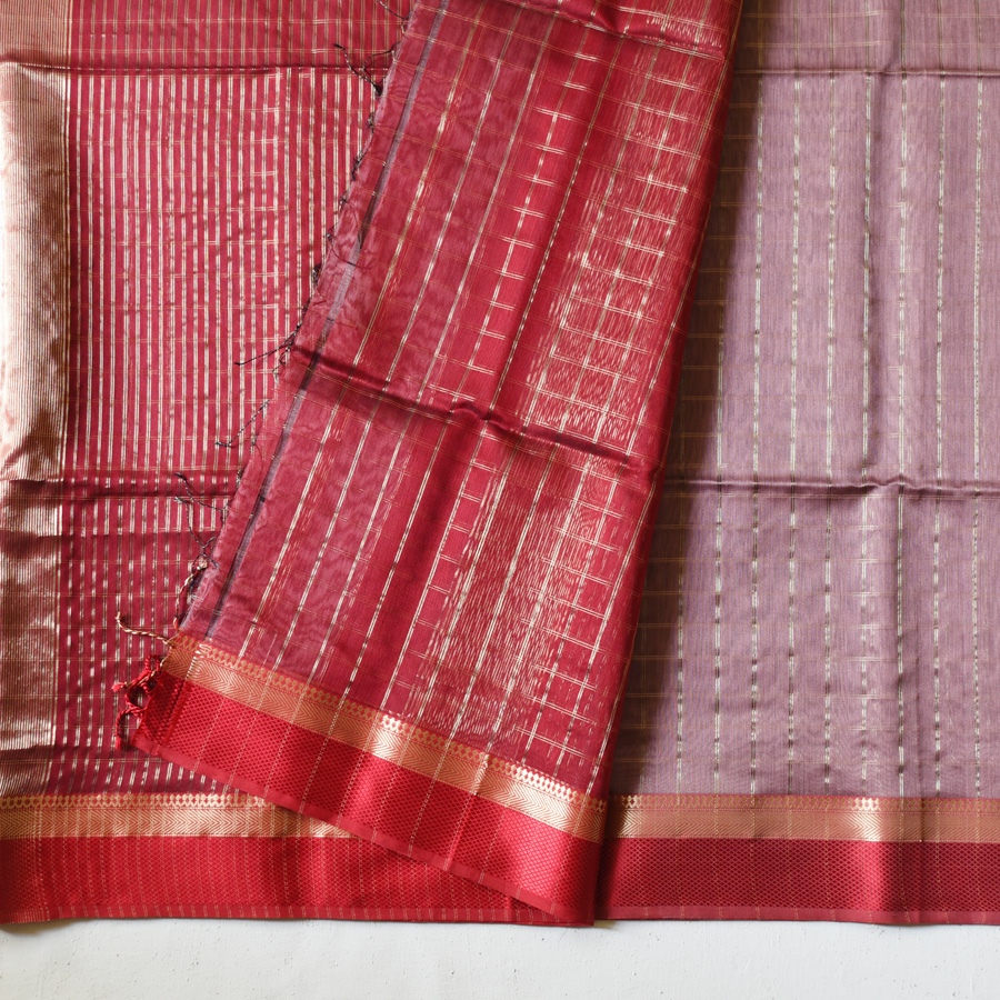 buy Handloom Maheshwari Silk Saree With Golden Zari Checks