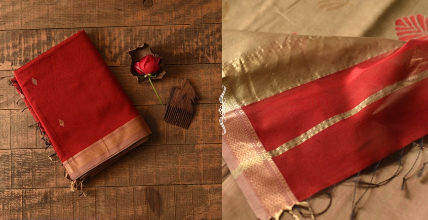 buy  Handwoven Maheshwari Red Saree With Golden Pallu 
