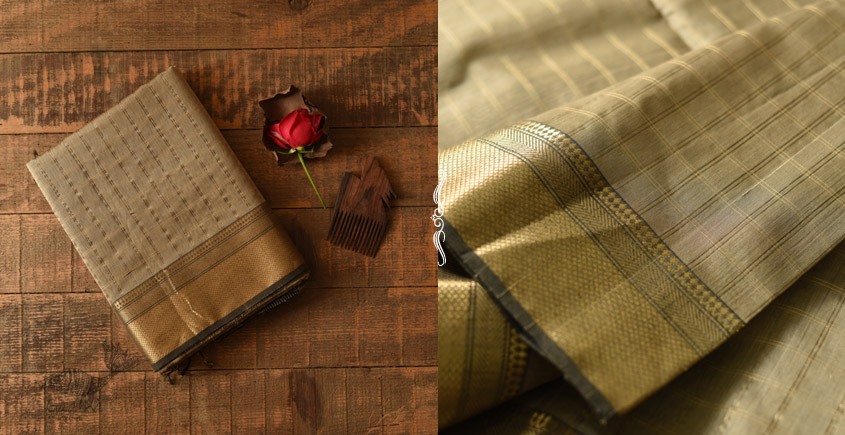 buy Handwoven Maheshwari Saree With Zari Border & Checks