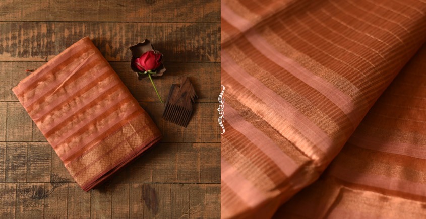 buy Handwoven Maheshwari silk sareeHandwoven Maheshwari Silk Saree With Zari Border - Rose Gold Color