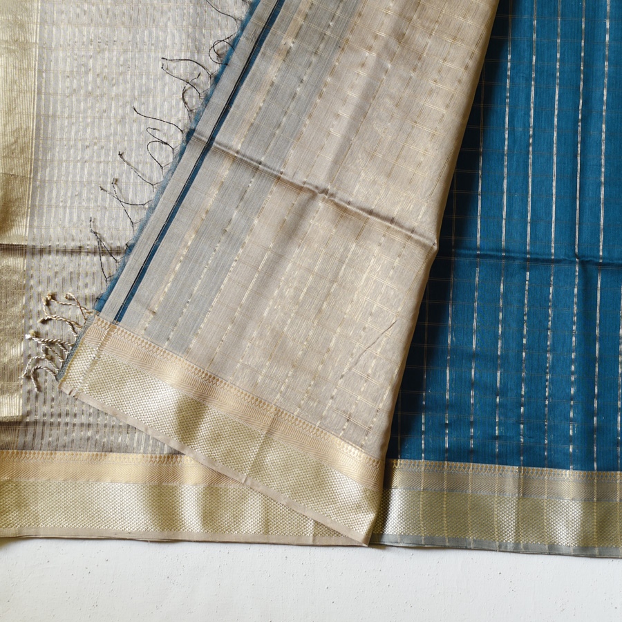 buy Handloom Maheshwari Silk Teal Blue Saree ~ Zari Pallu