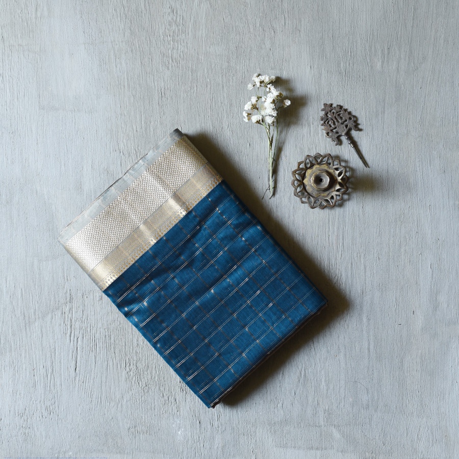 buy Handloom Maheshwari Silk Teal Blue Saree ~ Zari Pallu