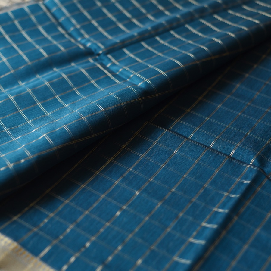 buy Handloom Maheshwari Silk Teal Blue Saree ~ Zari Pallu