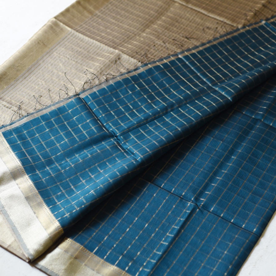 buy Handloom Maheshwari Silk Teal Blue Saree ~ Zari Pallu