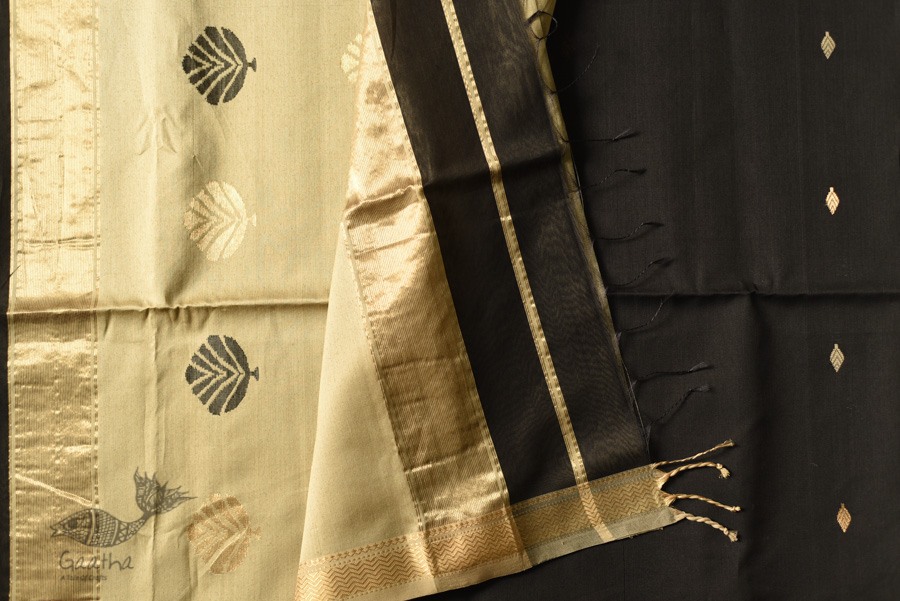 buy Handwoven Maheshwari Black Saree With Golden Pallu