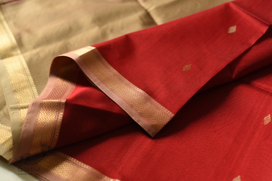 buy  Handwoven Maheshwari Red Saree With Golden Pallu 