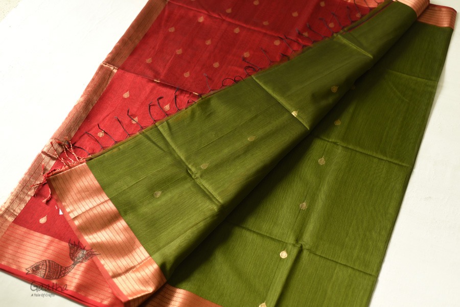 buy Handwoven Maheshwari Saree - Mehandi Green with Red Pallu