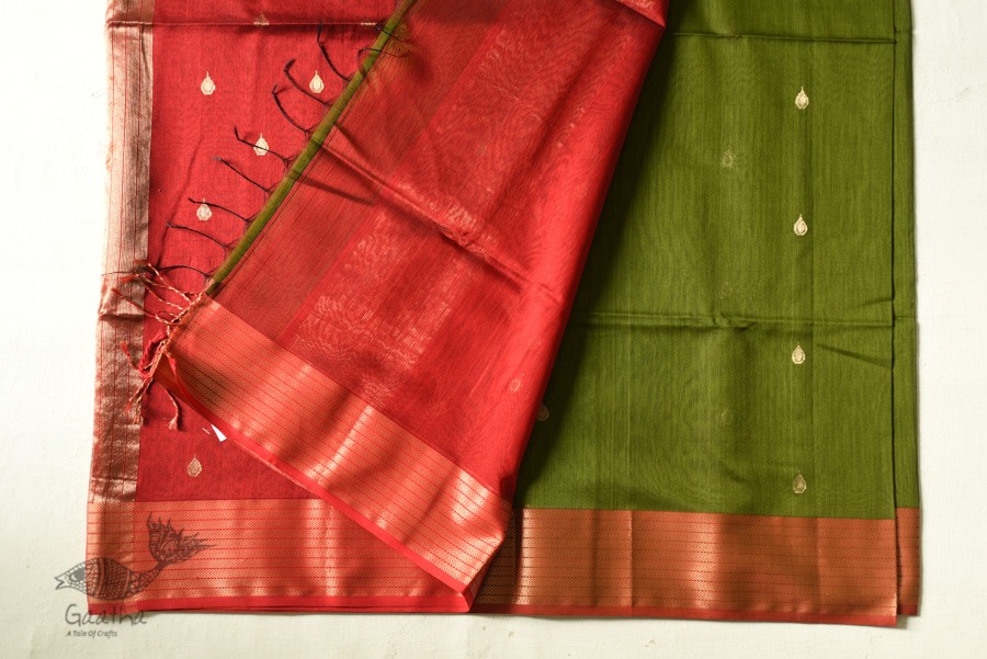 buy Handwoven Maheshwari Saree - Mehandi Green with Red Pallu