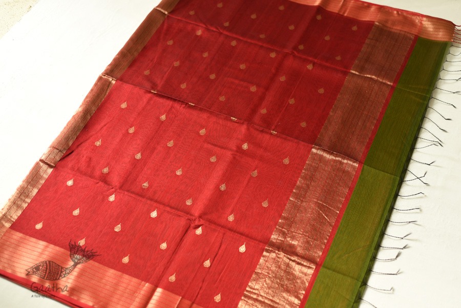 buy Handwoven Maheshwari Saree - Mehandi Green with Red Pallu