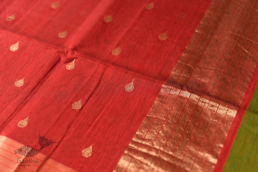 buy Handwoven Maheshwari Saree - Mehandi Green with Red Pallu