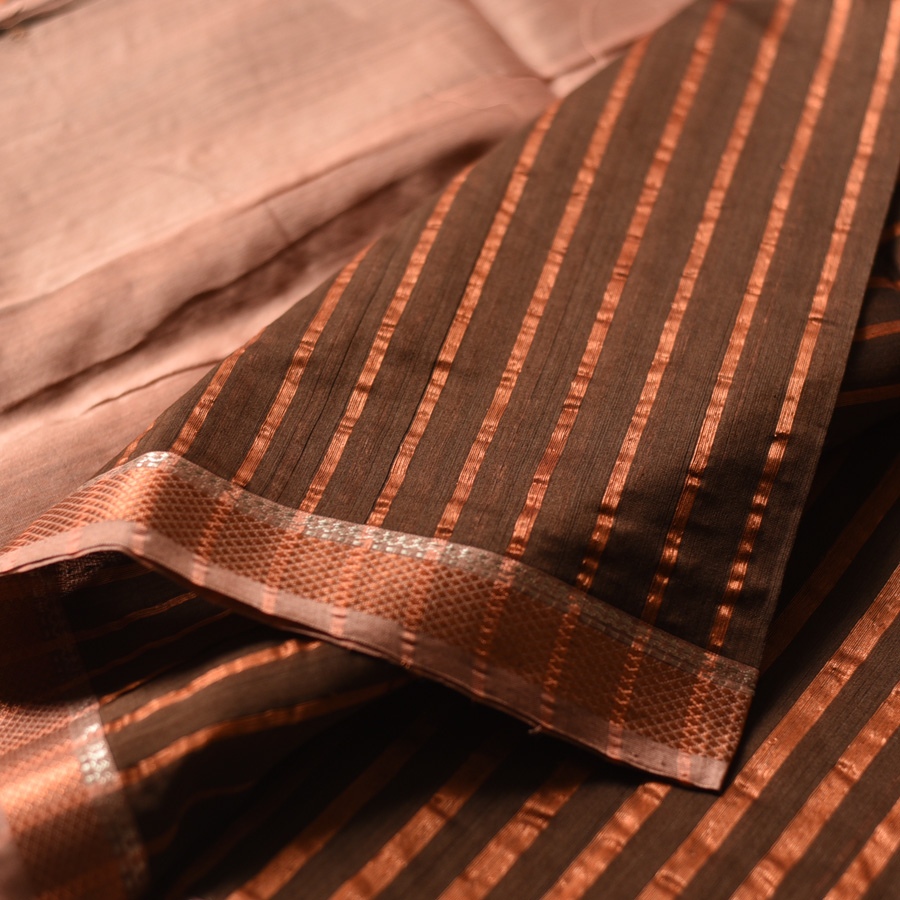 shop All over Zari Stripe Saree - Copper Brown
