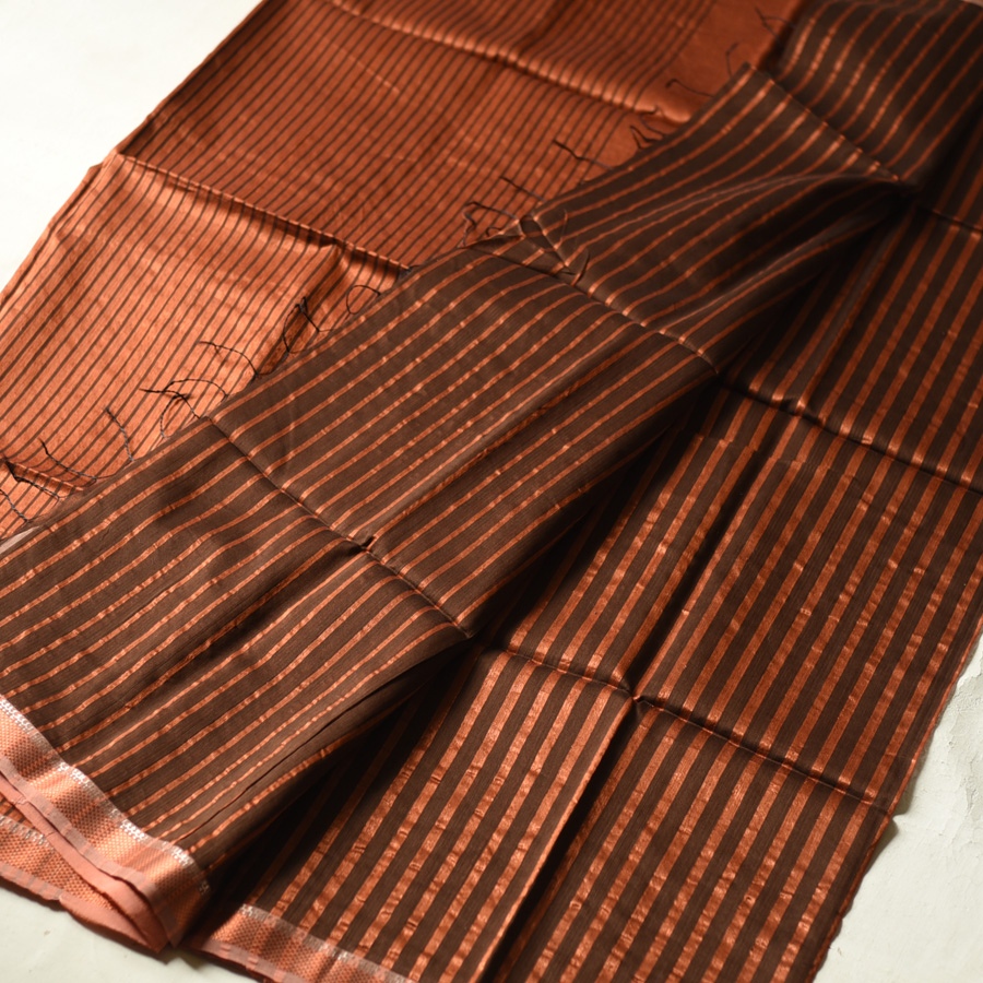 shop All over Zari Stripe Saree - Copper Brown