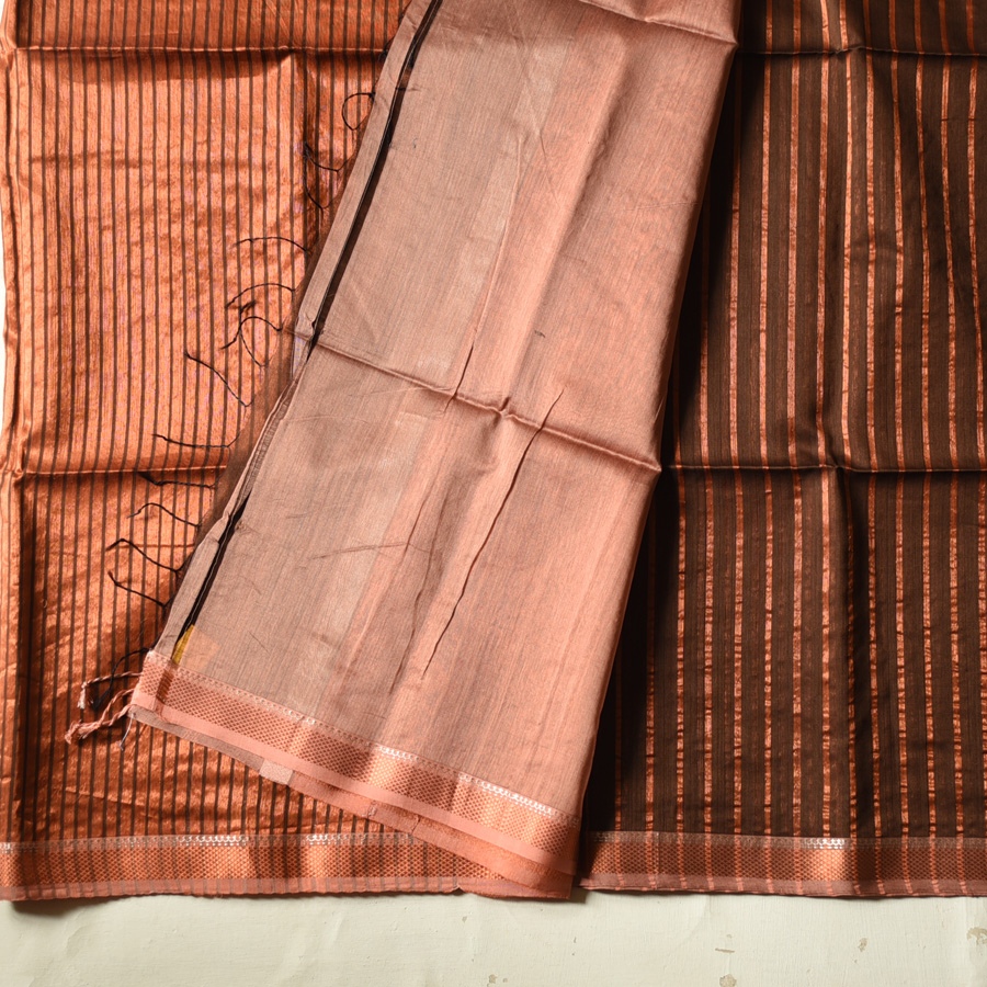 shop All over Zari Stripe Saree - Copper Brown