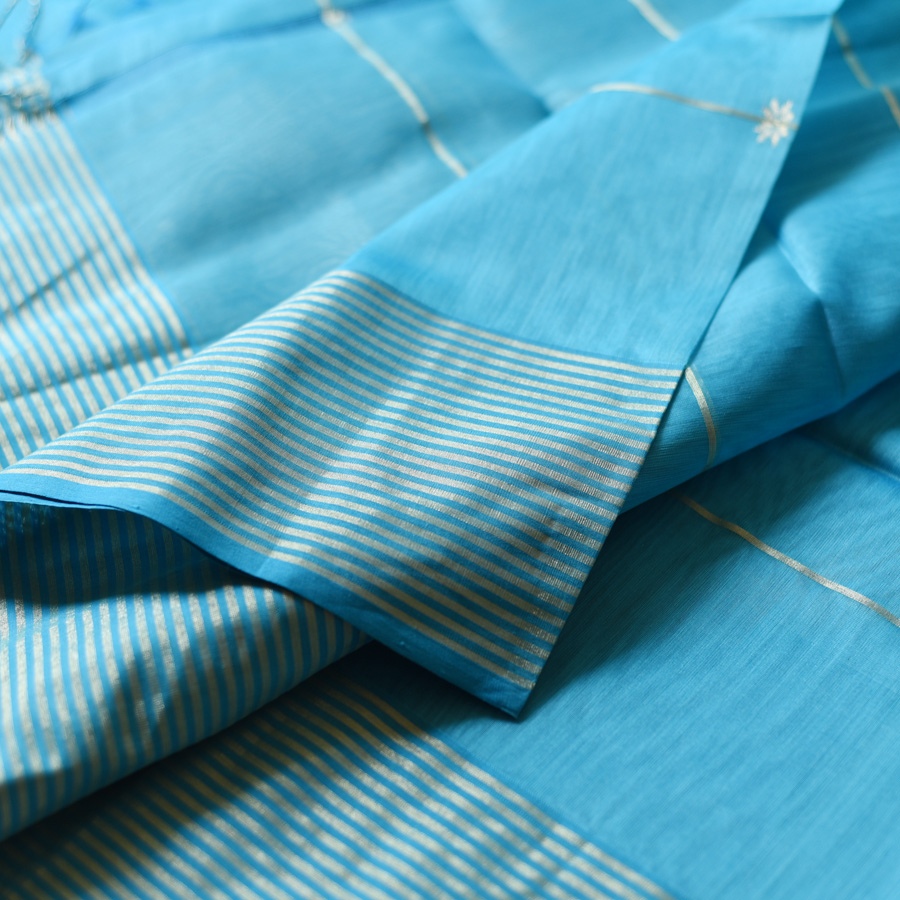 buy Handloom Maheshwari Silk Sky Blue Saree ~ Zari Stripe Pallu