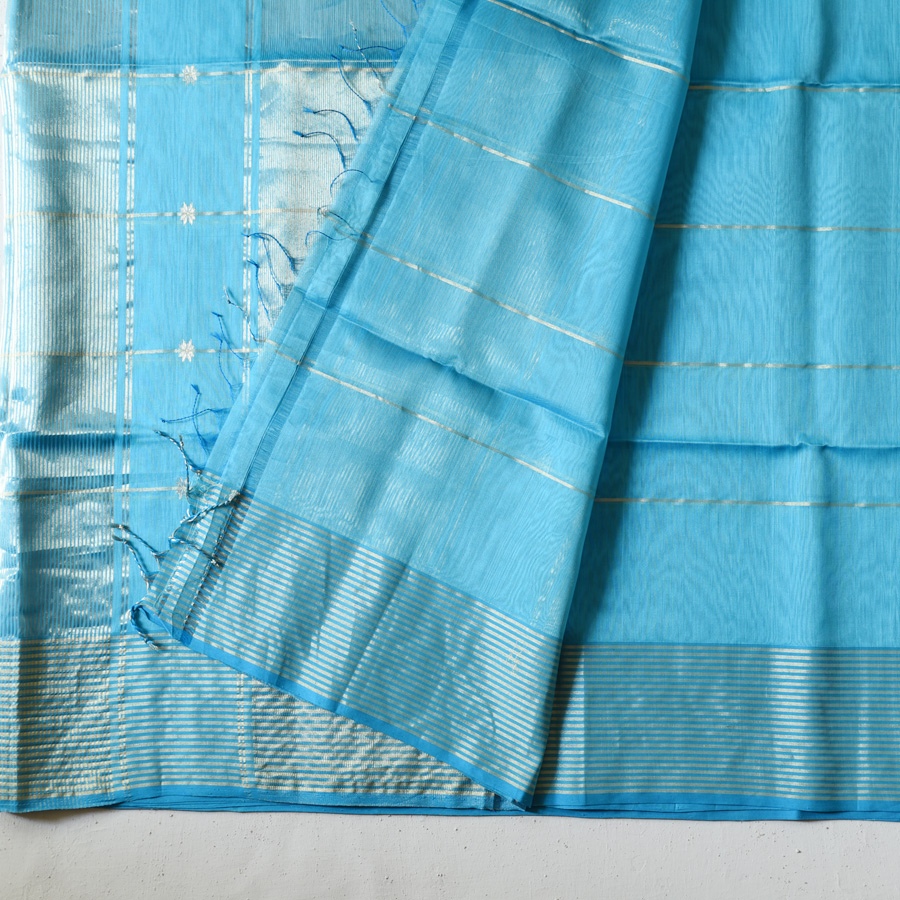buy Handloom Maheshwari Silk Sky Blue Saree ~ Zari Stripe Pallu