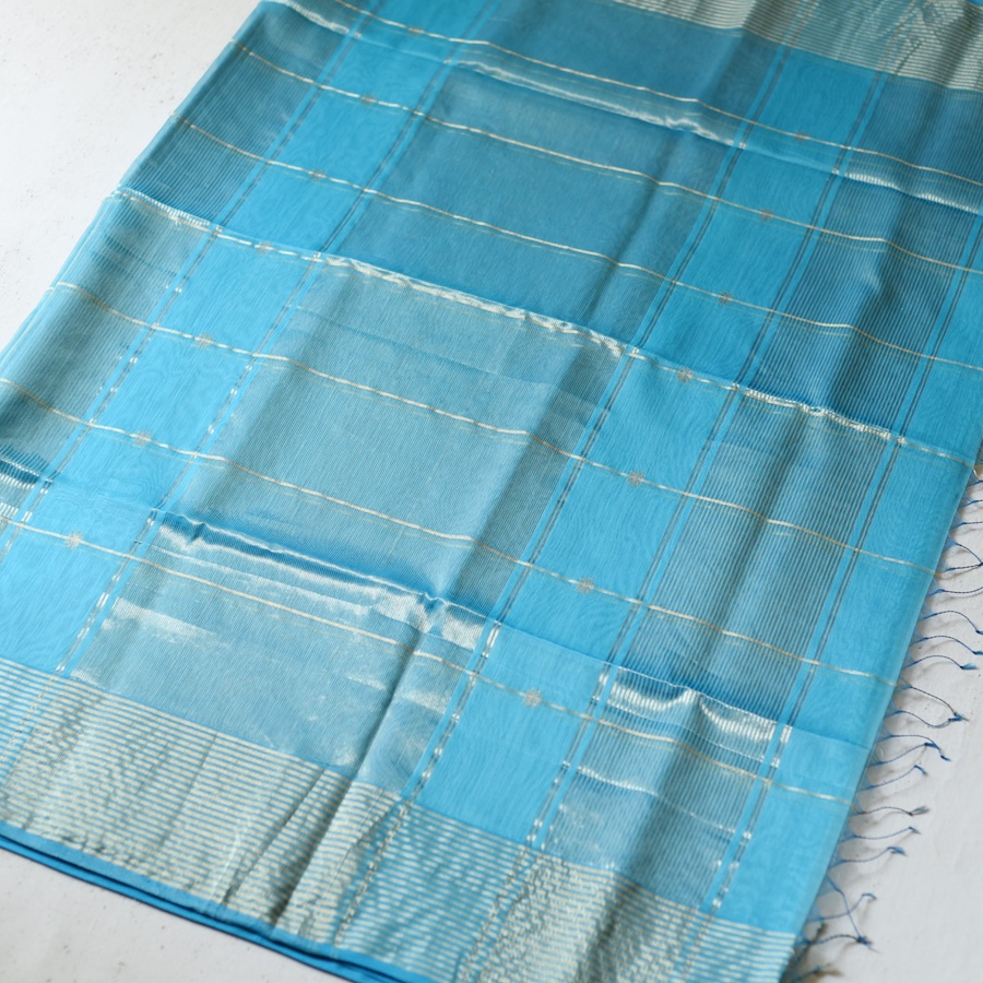 buy Handloom Maheshwari Silk Sky Blue Saree ~ Zari Stripe Pallu