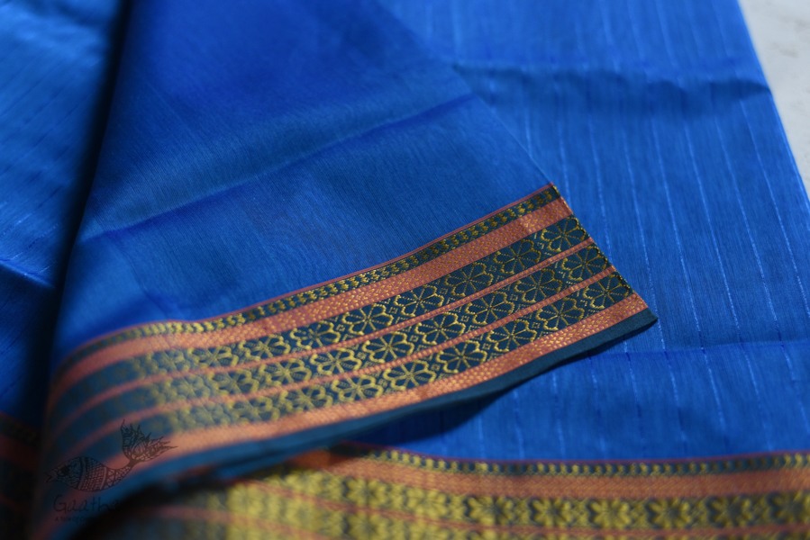 shop maheshwari cotton silk blue saree with zari border