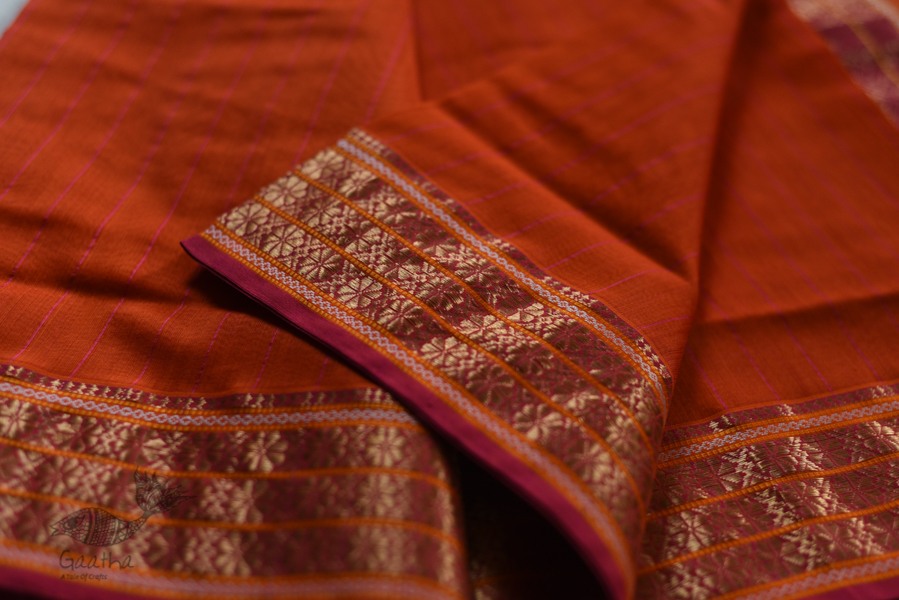 shop maheshwari cotton silk brick red saree with zari border 