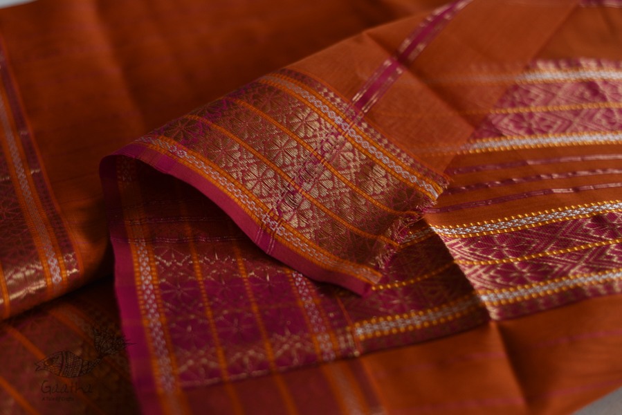 shop maheshwari cotton silk rust color saree with zari border