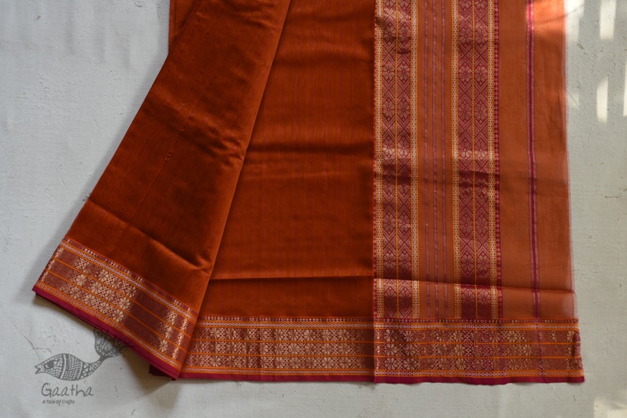 shop maheshwari cotton silk rust color saree with zari border