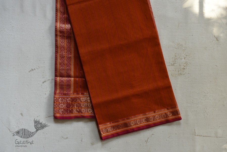 shop maheshwari cotton silk rust color saree with zari border