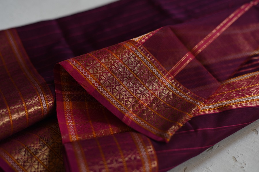 shop maheshwari cotton silk violate color saree with zari border