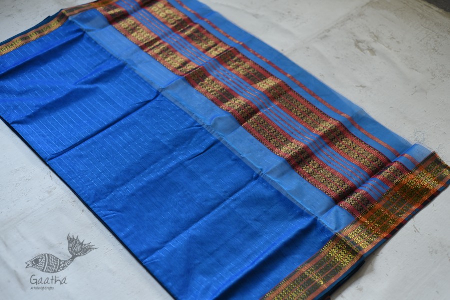 shop maheshwari cotton silk blue saree with zari border