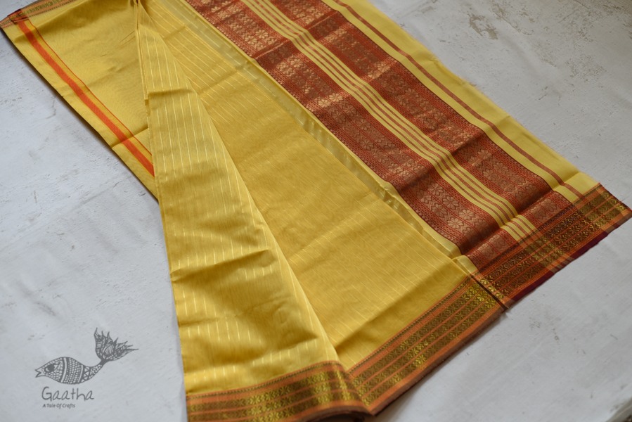 shop maheshwari cotton silk lemon yellow saree with zari border