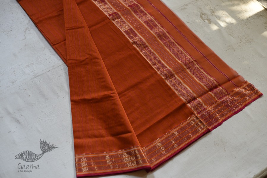 shop maheshwari cotton silk rust color saree with zari border