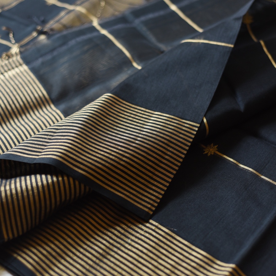 buy Handloom Maheshwari Silk Black Saree ~ Zari Butta