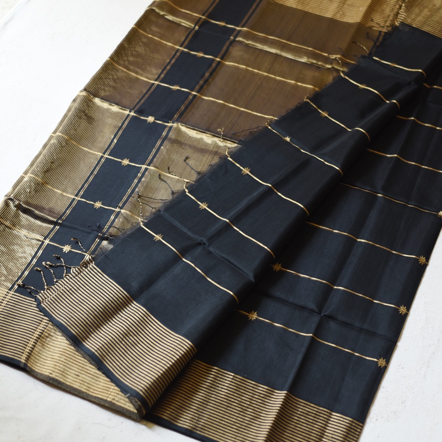 buy Handloom Maheshwari Silk Black Saree ~ Zari Butta