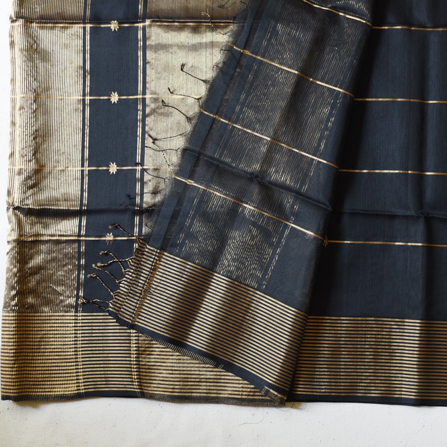 buy Handloom Maheshwari Silk Black Saree ~ Zari Butta