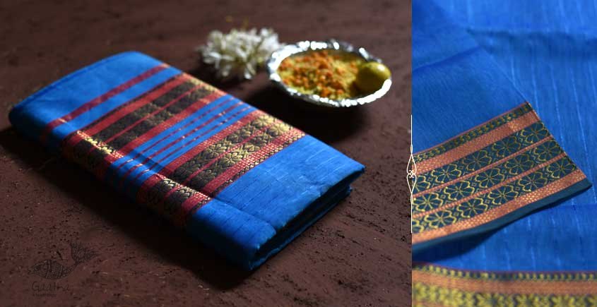 shop maheshwari cotton silk blue saree with zari border