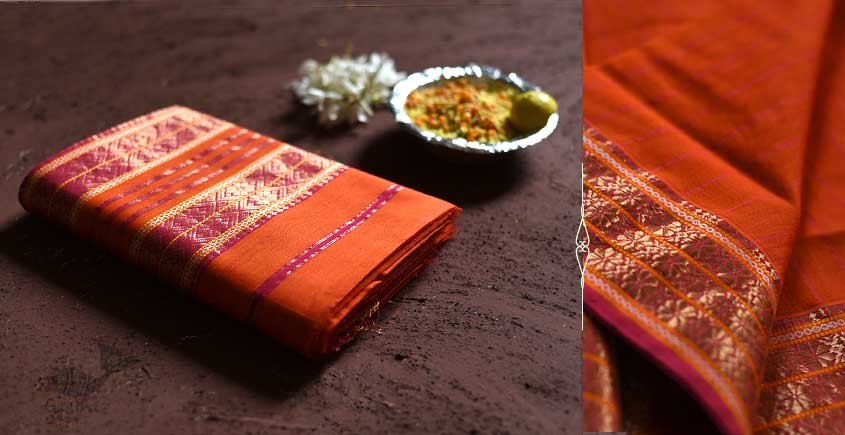 shop maheshwari cotton silk brick red saree with zari border 