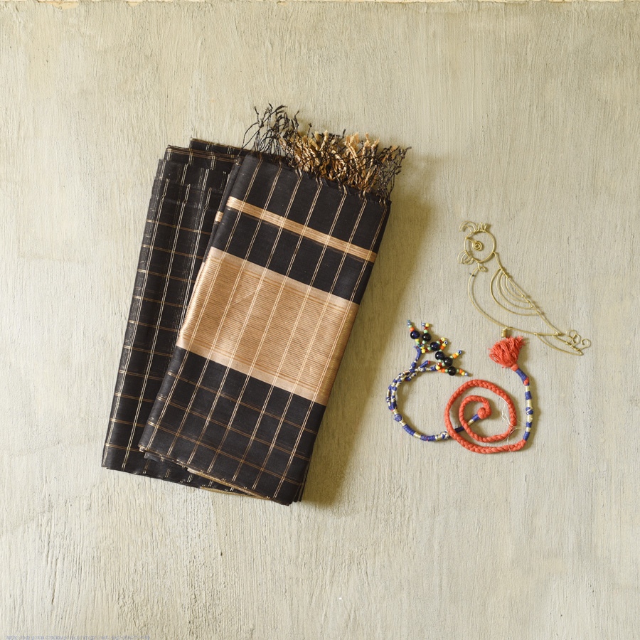 shop Maheshwari - Black Dress Material (Top & Dupatta) - Zari Checks