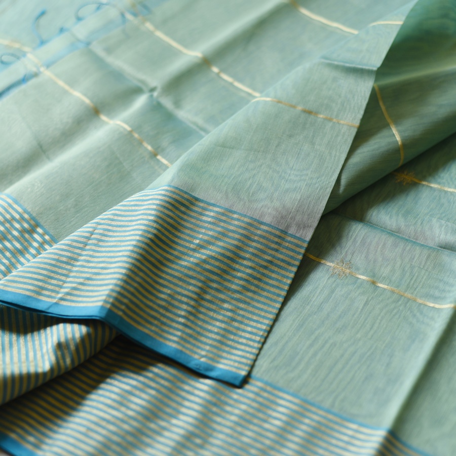 buy Handloom Maheshwari Silk Saree ~ Green & Blue Dhoop Chhaon
