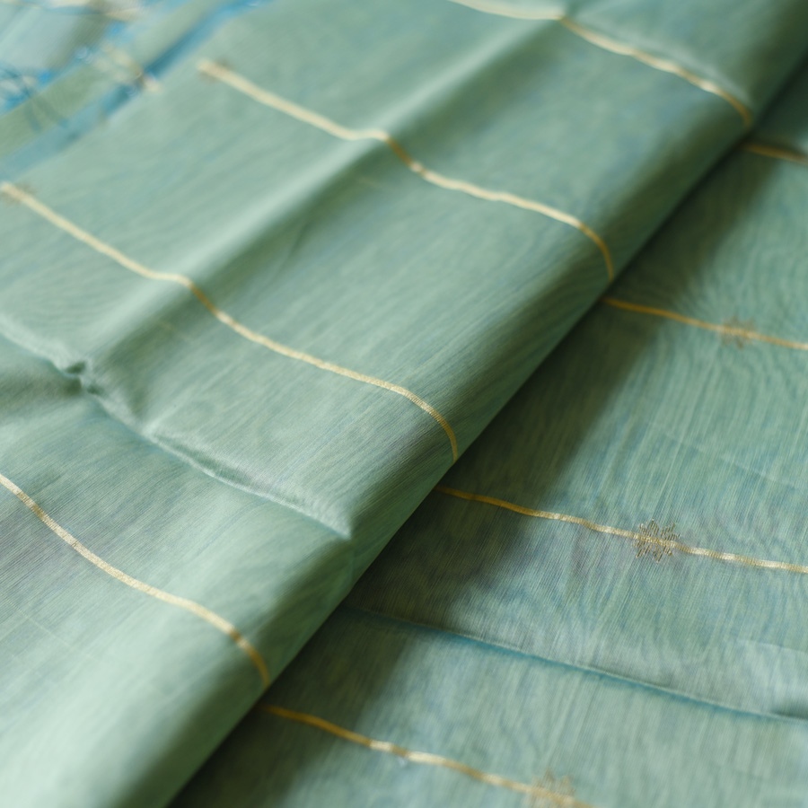 buy Handloom Maheshwari Silk Saree ~ Green & Blue Dhoop Chhaon