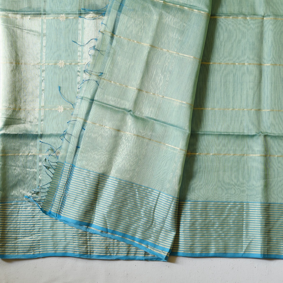 buy Handloom Maheshwari Silk Saree ~ Green & Blue Dhoop Chhaon