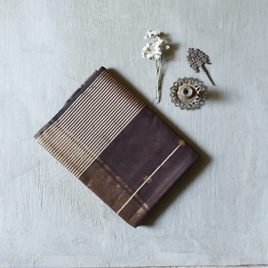 buy Handloom Maheshwari Silk Brown Saree With Zari Stripes