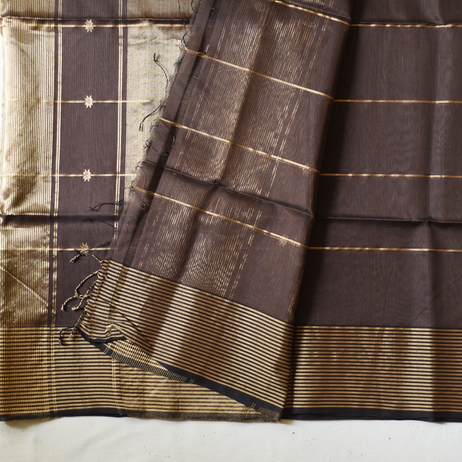 buy Handloom Maheshwari Silk Brown Saree With Zari Stripes